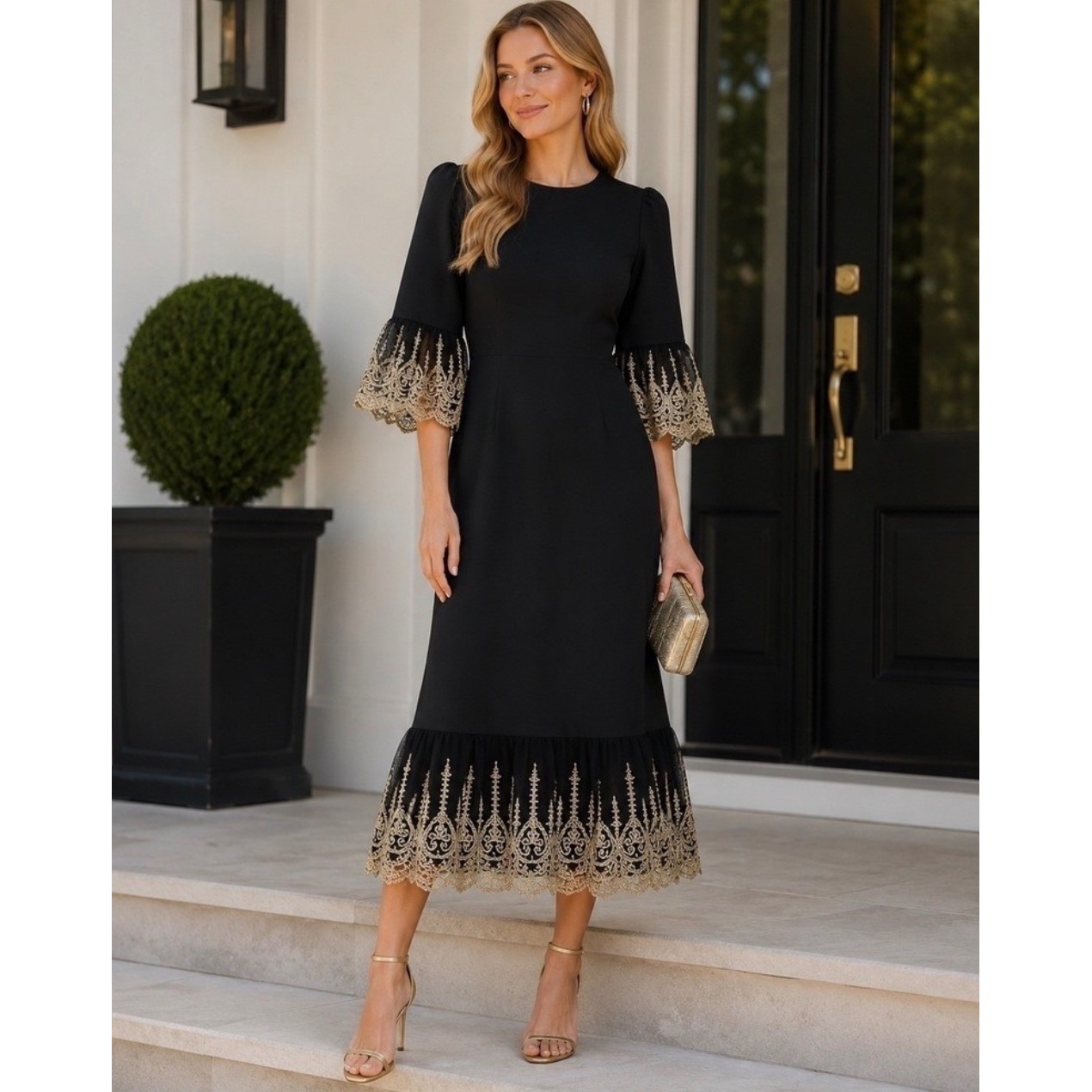 Tuckernuck Pomander Place Lillith Gold Embroidered Maxi Dress Bell Sleeve Nwt